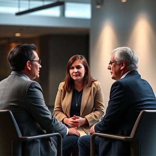 Drie personen in een discussie, beeldt het selectiegesprek proces uit