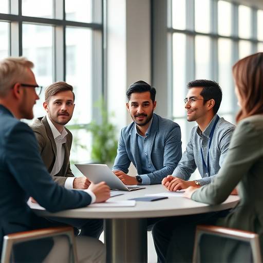 Een divers team zit rond een vergadertafel in een moderne kantooromgeving
