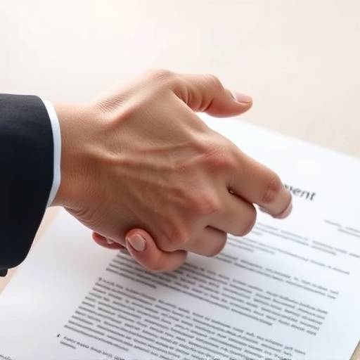 Twee handen schudden bovenop een juridisch document, symboliseert overeenkomst